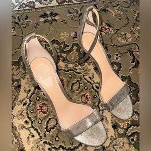 Tory Burch Keri Crackled Metallic Sandal Pewter Stiletto Heels